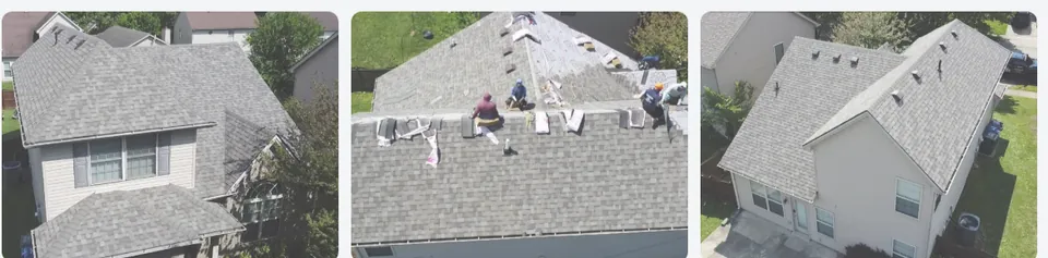 Three photographs from a roofing company's website: a finished shingle roof on a two-story home, two crew members working on a roof mid-job, and a completed roof on a Kentucky house.