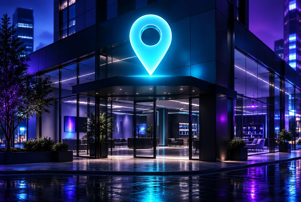Abstract glowing storefront and map pin representing a local Google Business Profile in Central Kentucky