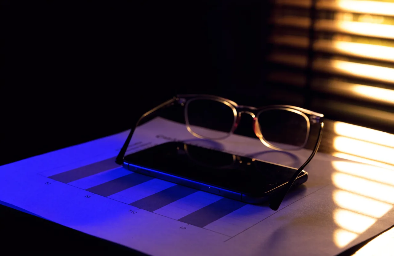 A plain-English monthly report from social media management: a printed chart under reading glasses and a phone