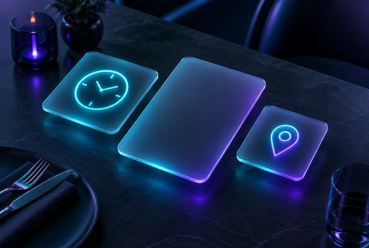 3D rendering of restaurant websites: glass cards for the hours, the menu and the map