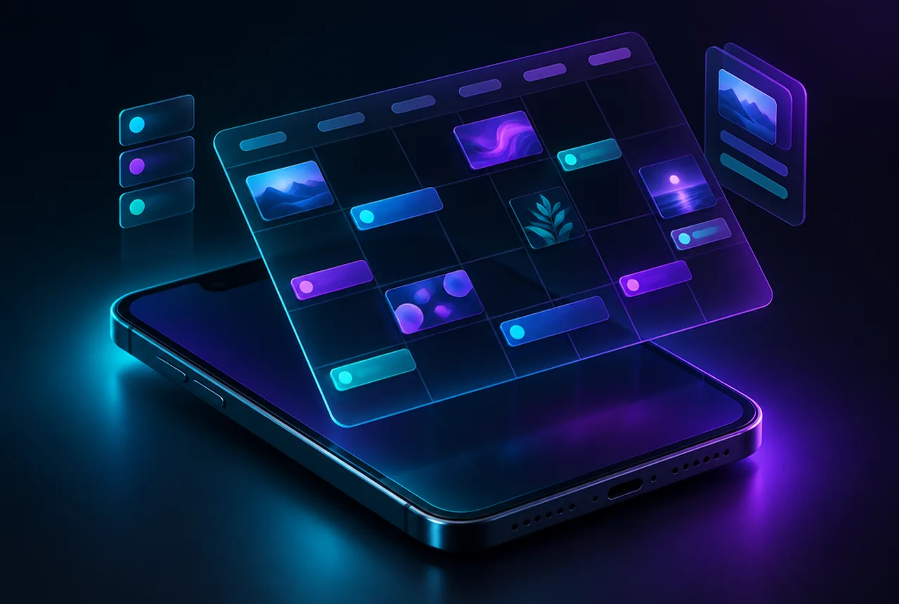 3D dark mode social media content calendar representation for Central Kentucky businesses