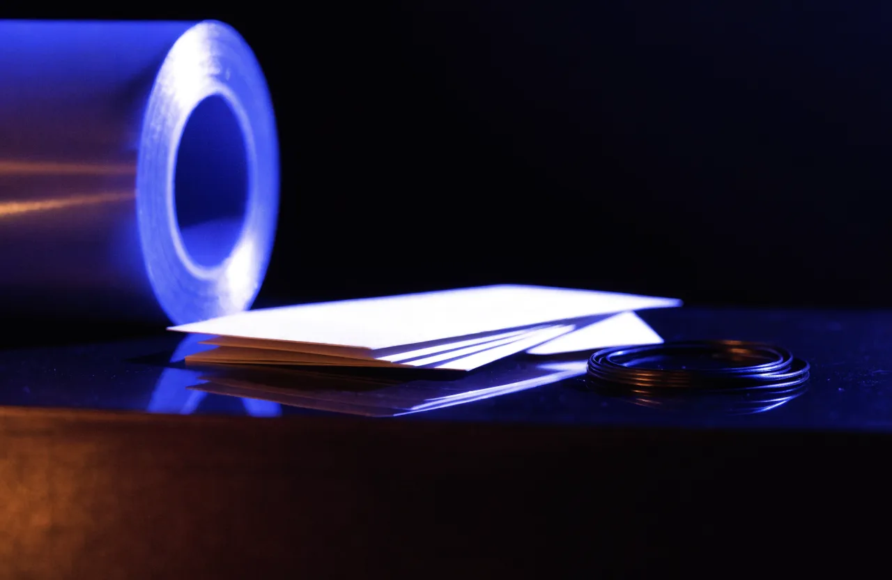 Materials for business cards and signs: blank cards fanned beside a roll of blue vinyl film and a coil of wire on a dark counter