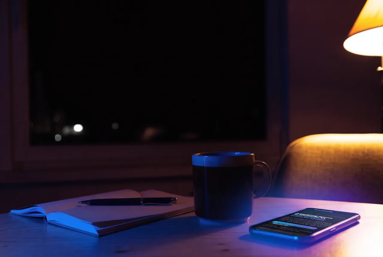 A kitchen table at night with a phone, a mug of tea and a notepad under a single lamp, dark window behind.