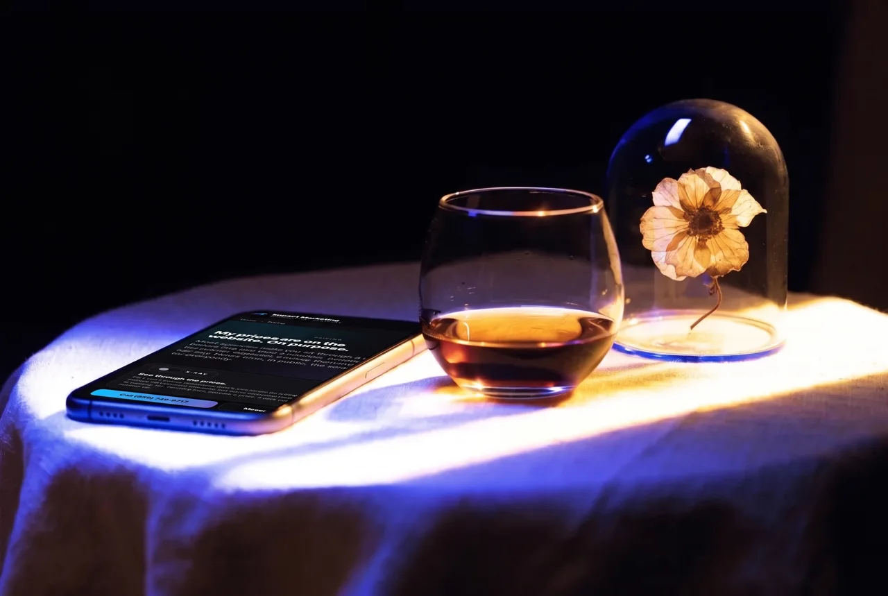 A phone on a linen tablecloth beside a small glass of bourbon and a pressed flower under a glass dome, warm window light.