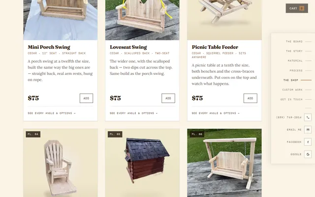 The shop page of harleyshandmadeky.com — a live client site Jeff built, product cards with real photos and prices