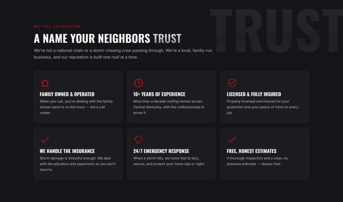 Proof you're real, and you're from here, on the Full Construction Roofing homepage.