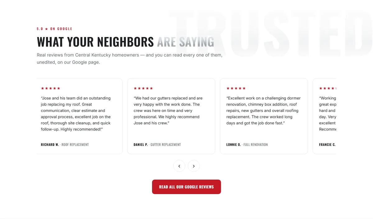Somebody else saying it for you, on the Full Construction Roofing homepage.