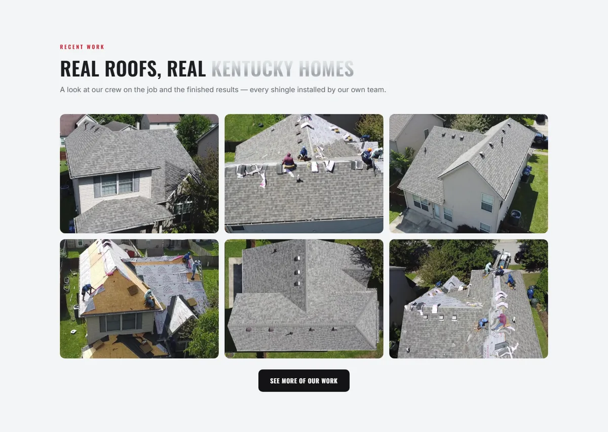 Real photos of real work, on the Full Construction Roofing homepage.