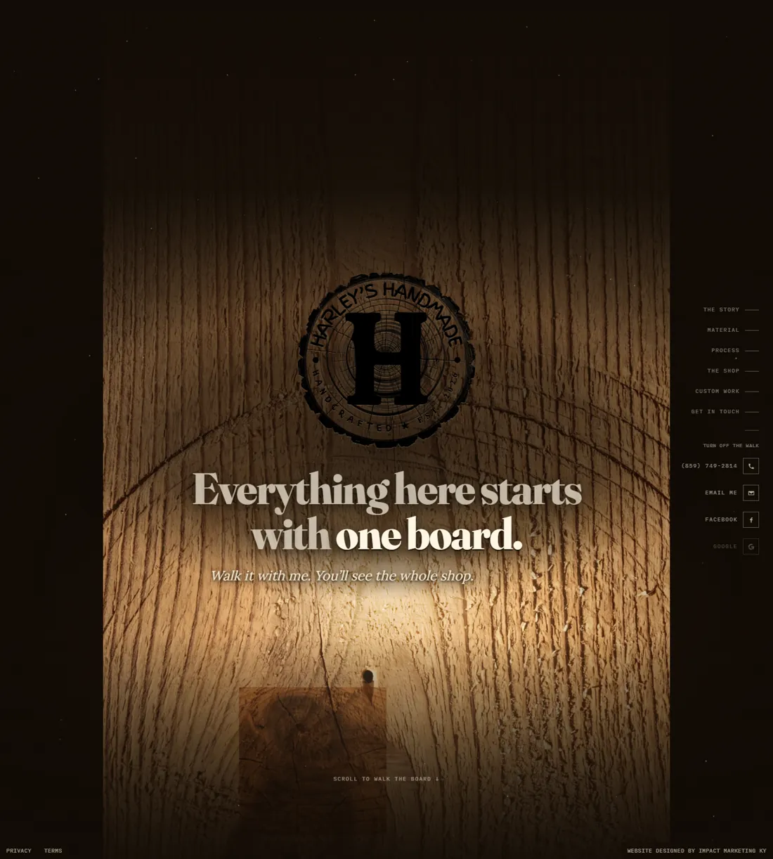 Harley's Handmade homepage on a phone — warm woodshop site with handmade cedar work